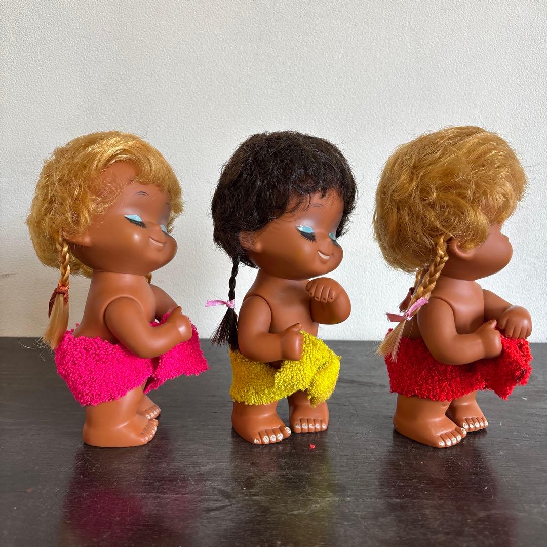昭和レトロ 三つ編みの女の子 ソフビ人形 ヌード 小麦肌 3体セット