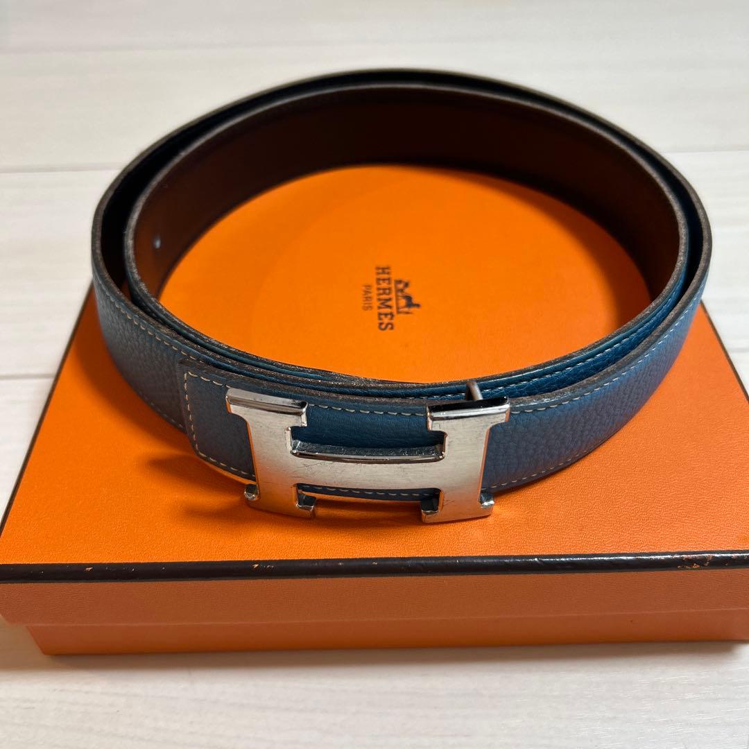 HERMES ブルーレザー H型バックル ベルト オーダーベルト エルメス Hバックル ベルトのみ｜ハンドメイドの革