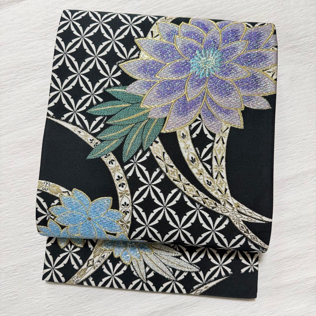 m258 流花 七宝 六通 袋帯 正絹 黒地 - メルカリ