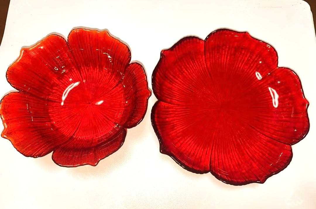 陶器 食器 お皿 プレート 飾り皿ガラス工芸 花柄 レッド 2枚セット
