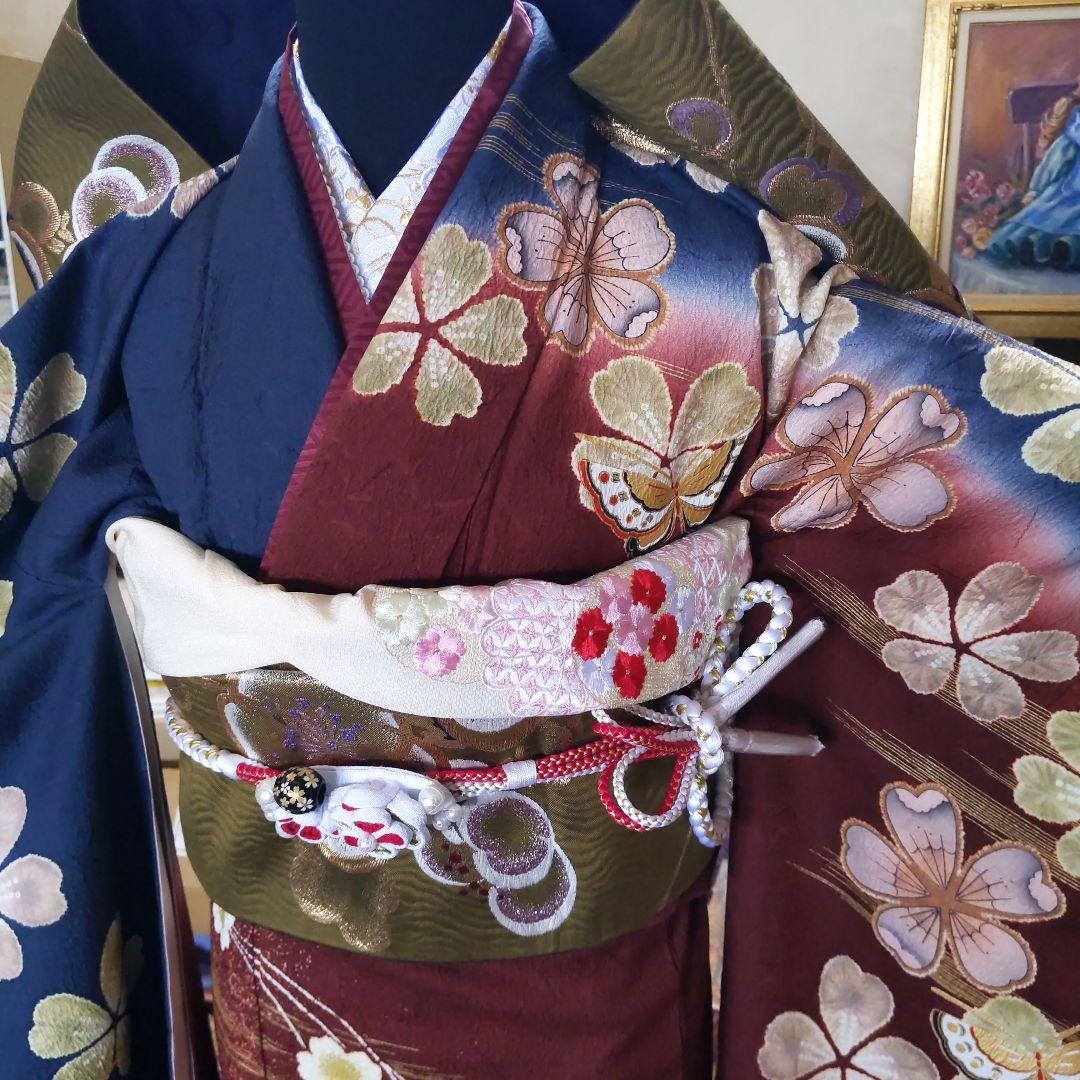 351華やぎ【桜蝶 紺色×ワイン色】【振袖6点フルセット】卒業謝恩会