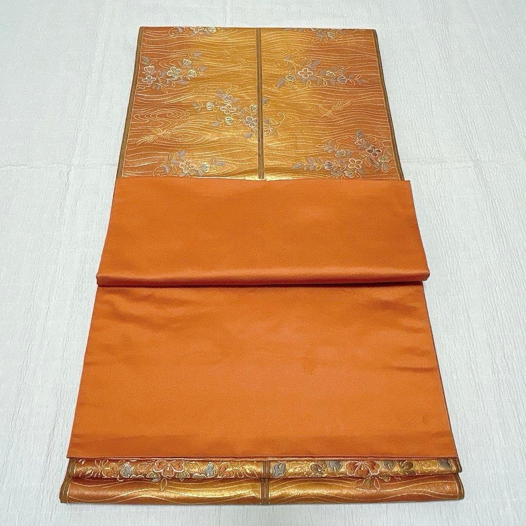 梅垣織物 袋帯 格子華文 西陣織 引箔 正絹 金糸 オレンジゴールド系 逸品