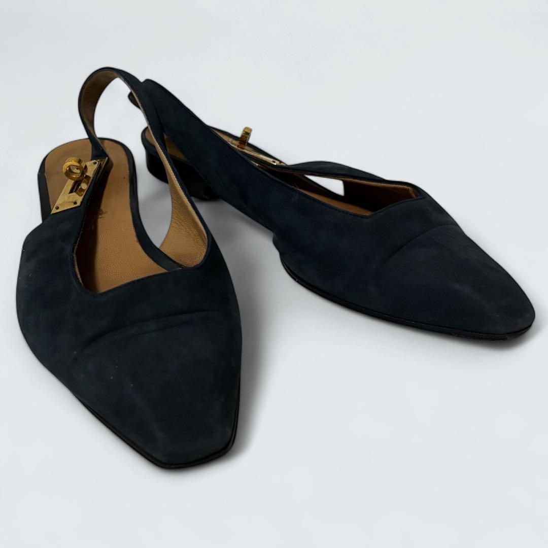 ケリー　HERMES ミュール　カデナ　フラットパンプス　24 濃紺　スエード エルメス ケリー25/外縫い ブルードプリュス ヴォーエプソン シルバー