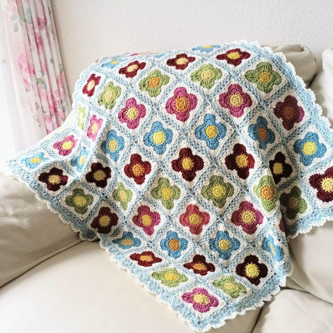 手編みブランケット★フラワーモチーフ★お花★グラニースクエア★かぎ針編み 手編みブランケット☆お花☆フラワーモチーフ☆グラニースクエア