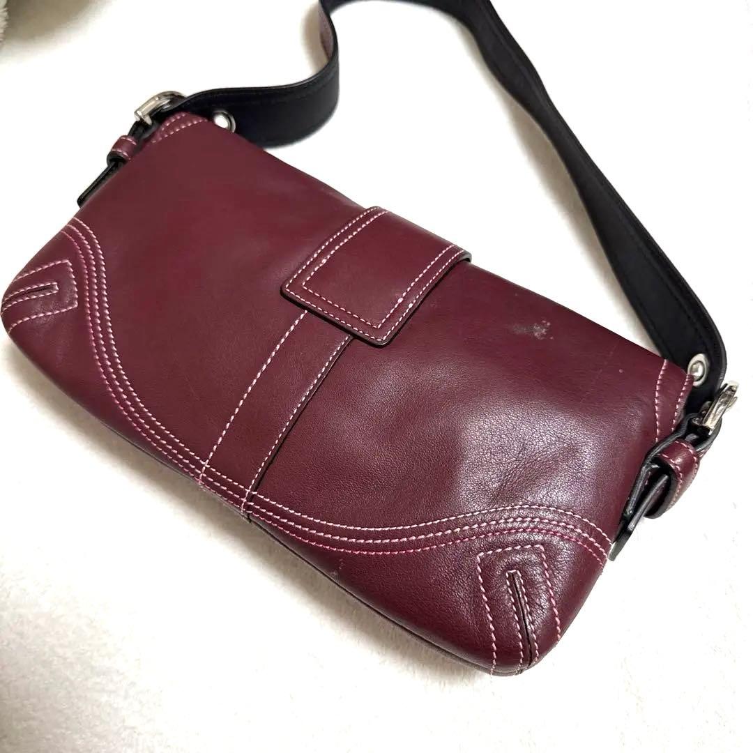 Coach コーチ ピンク スティッチ フラップ レザー ショルダーバッグ