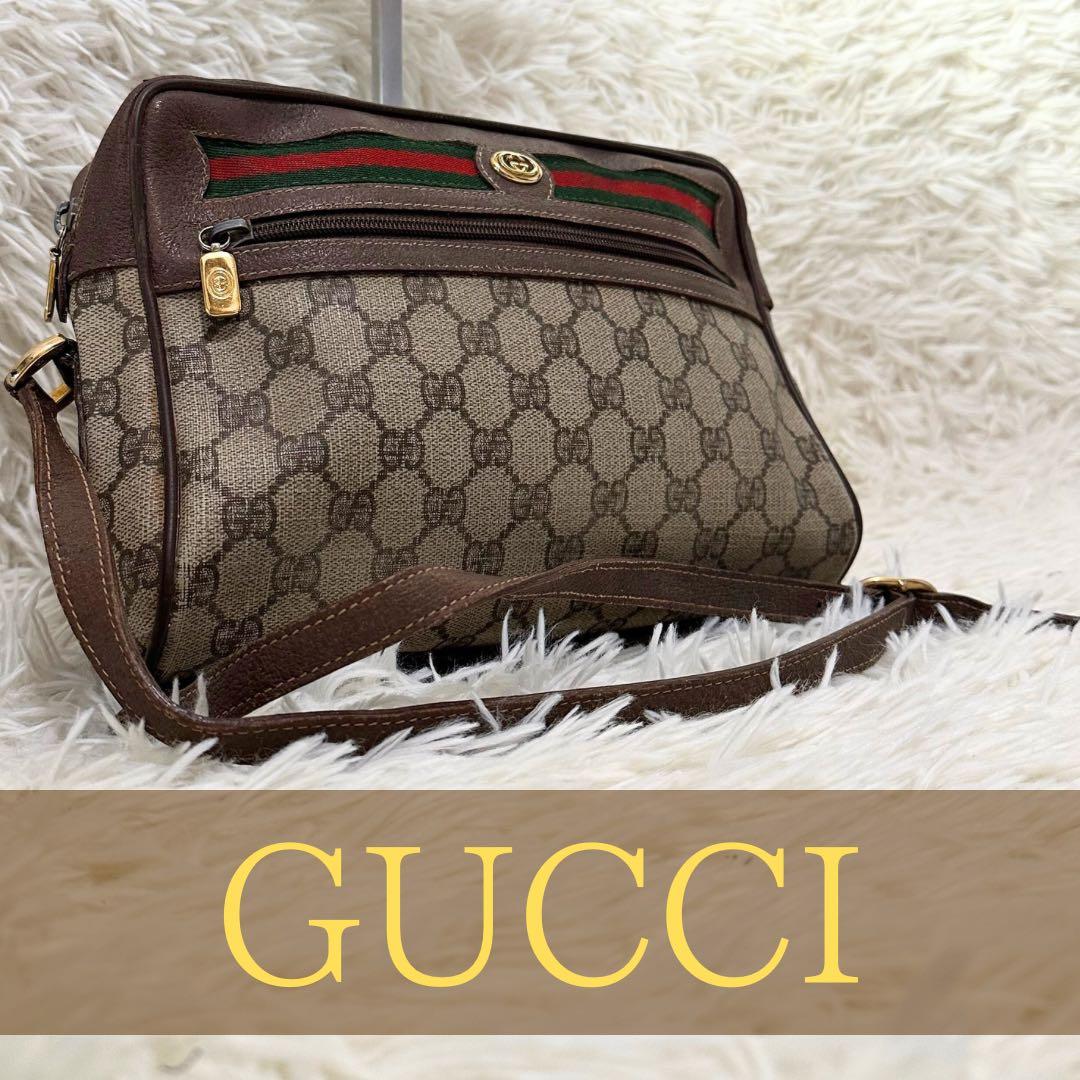 値下げ オールドグッチ GG 総柄 レザー ショルダーバッグ シェリーライン GUCCI（グッチ） 極 美品 オールドグッチ ヴィンテージ シェリーライン