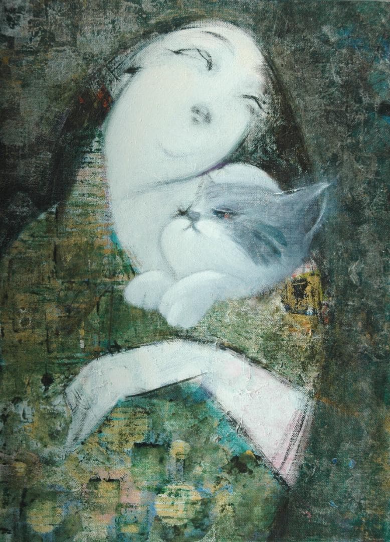 油絵 菅家令子絵 絵画インテリア額付(青緑＋金色の枠)F4-030719祈り