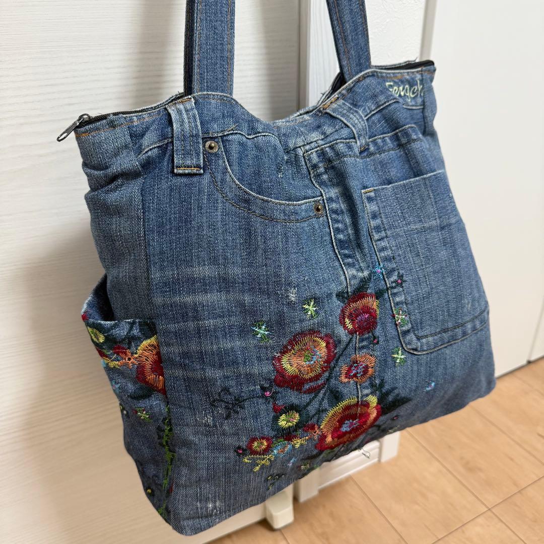 デニムリメイク トートバッグ 肩掛け ハンドメイド 大容量 A4可 花柄