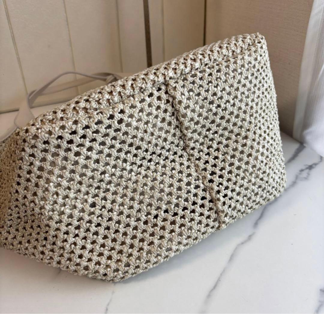 美品】MARCO MASI カゴトート ラフィア×レザー ホワイト メッシュ