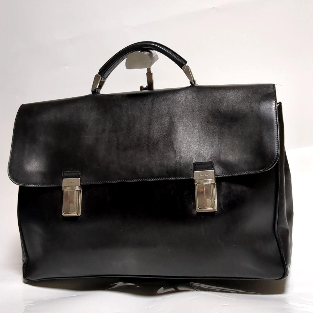 ✨PRADA✨ブリーフケース レザー ブラック 2室 ロゴ プラダ ビジネスバッグ メンズ トライアングルロゴ ブラック PRADA