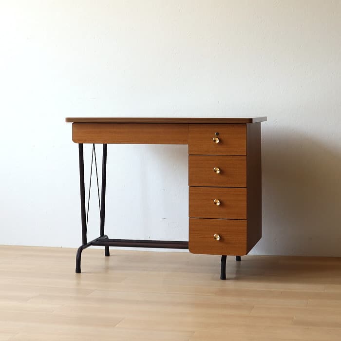 アンティーク 片袖机 レトロ 鉄脚 デスク 古家具 チーク トンボ 片袖机／デスク アンティーク 古家具