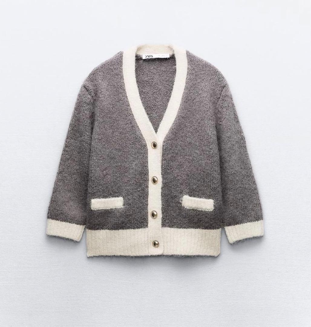 新品未使用 ZARA コントラストニットカーディガン グレー L - メルカリ