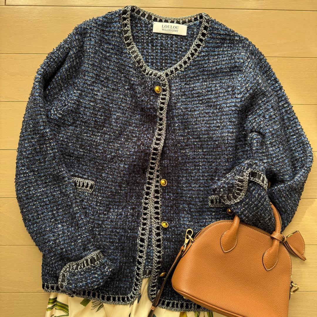 ルルウィルビー 金ボタン ツイード ニット ノーカラー ジャケット ブルー ルルウィルビー 金ボタン ツイード ニット ノーカラー ジャケット