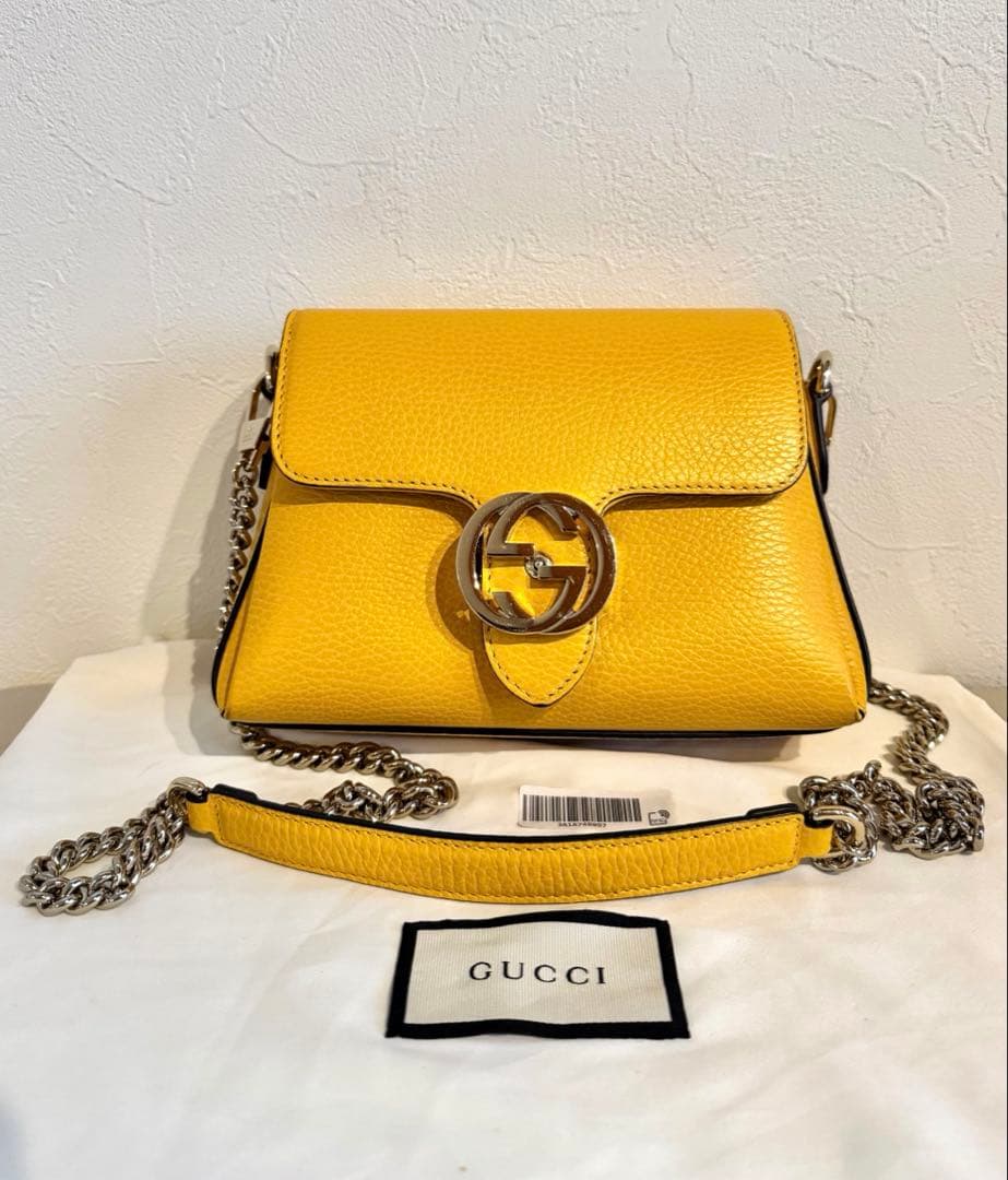 美品☆GUCCI インターロッキング イエロー レザーショルダーバッグ