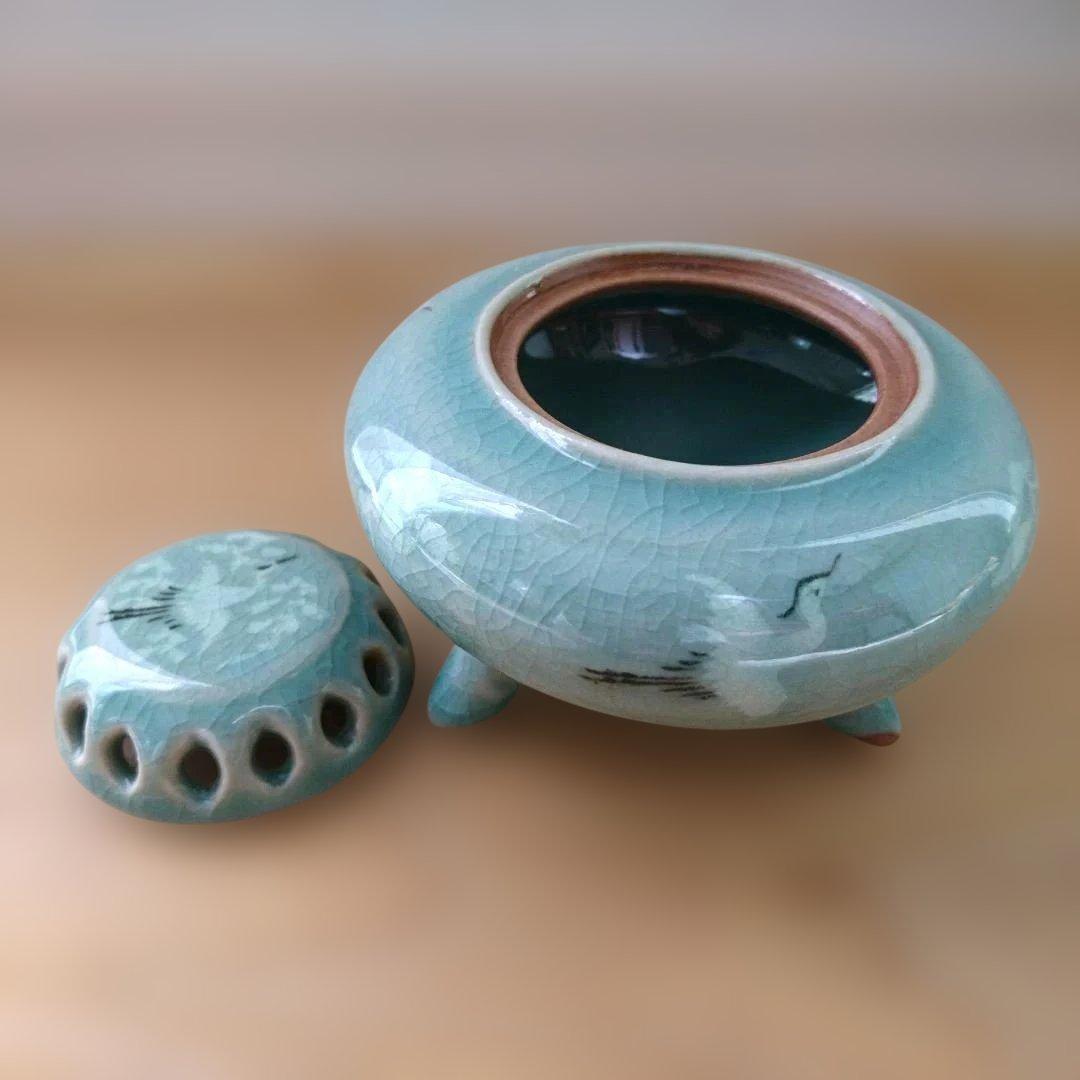 美品】高麗青磁 松月 陶器 蓋付き香炉 香合 茶道具 雲鶴図 2点セット