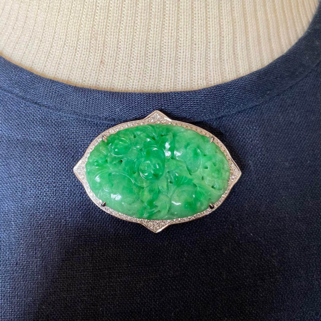 特注品 pt950翡翠ダイヤブローチ アンティーク帯留からのリメイク