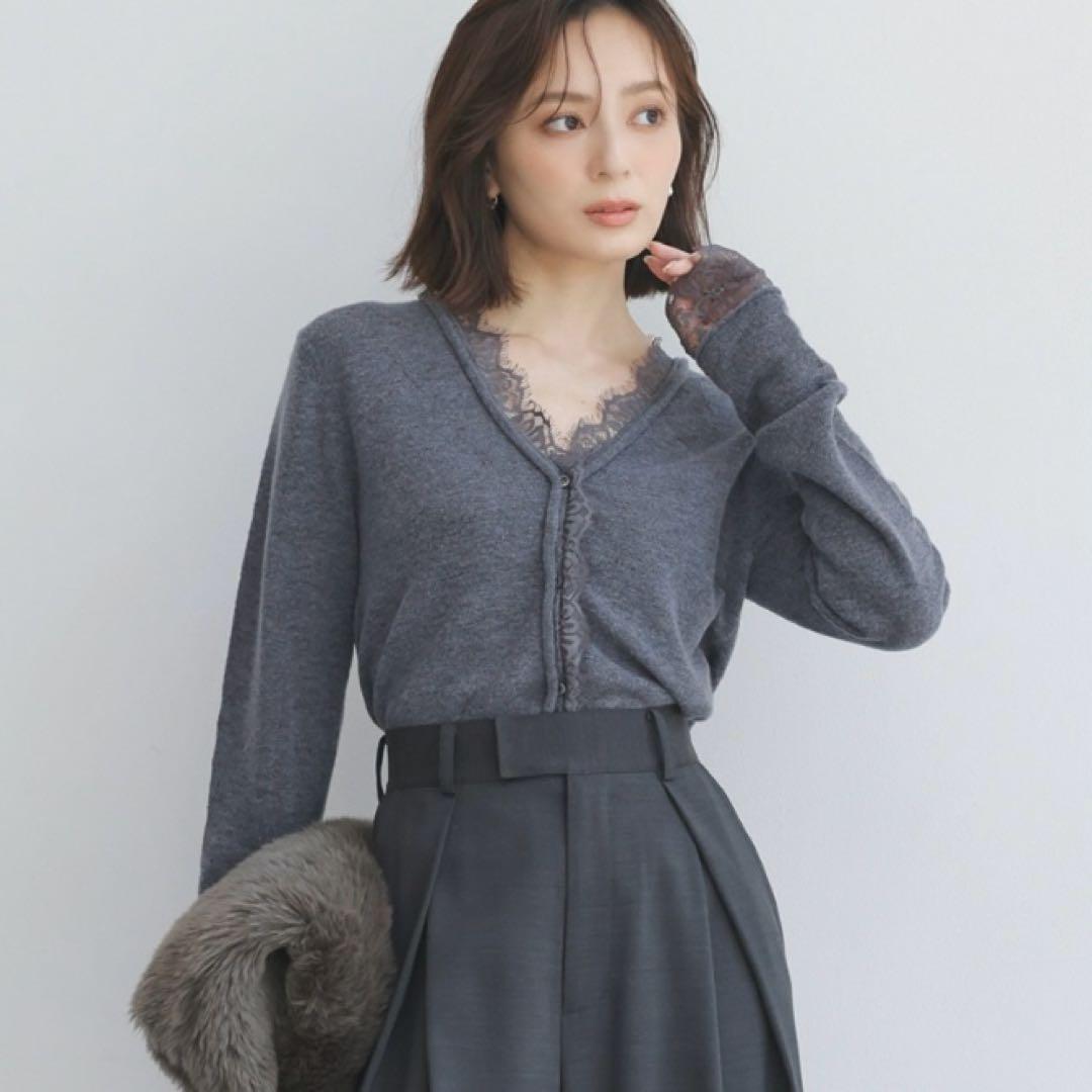 anuans アイラッシュレーストリミングニット グレー - メルカリ