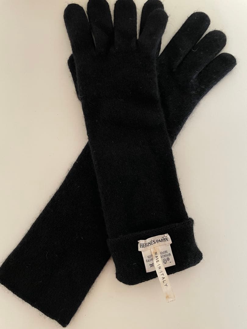 HERMES .ブラック カシミア100% ロング手袋 M