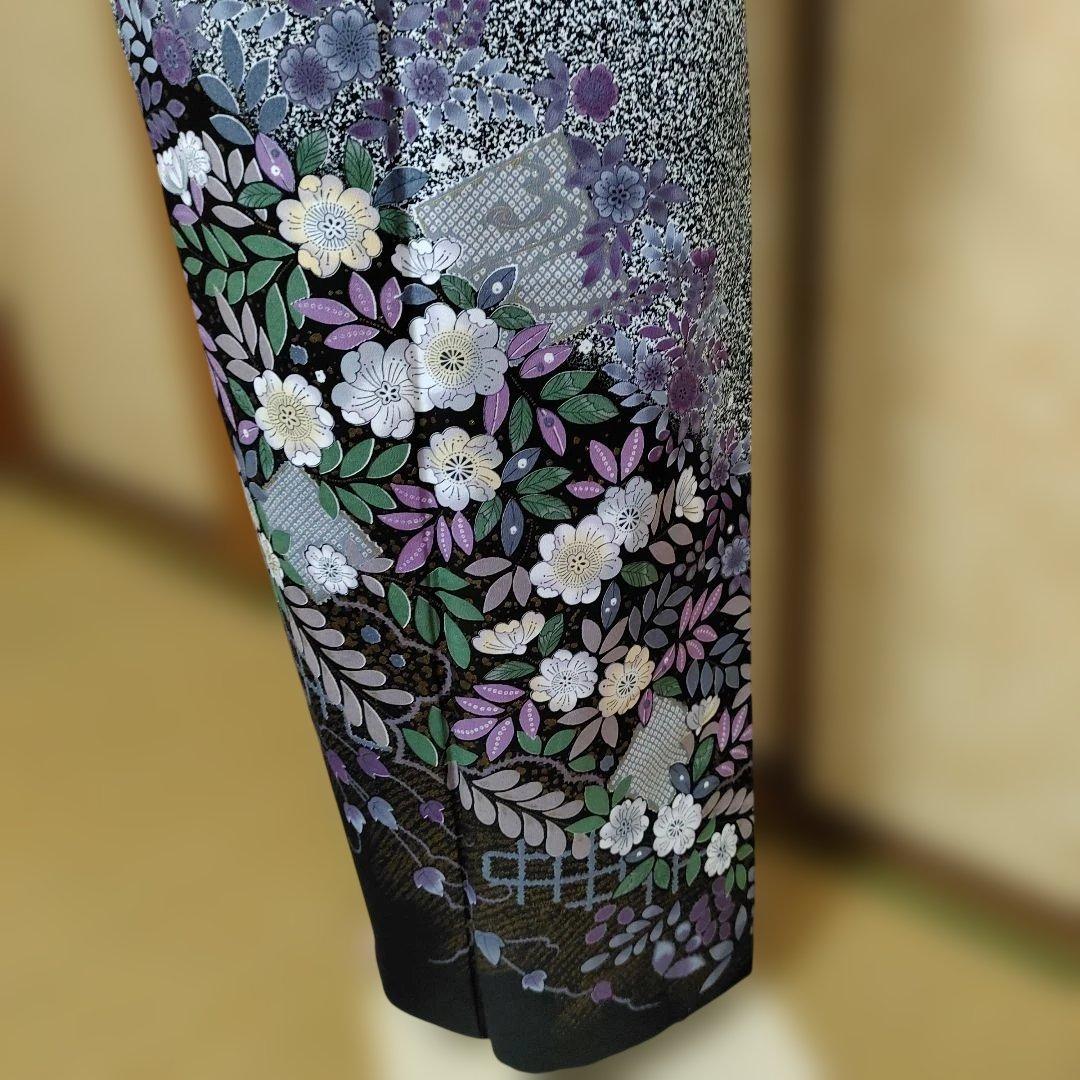 ポリエステル訪問着 洗える着物 黒地 たたき染め 辻が花模様 トール