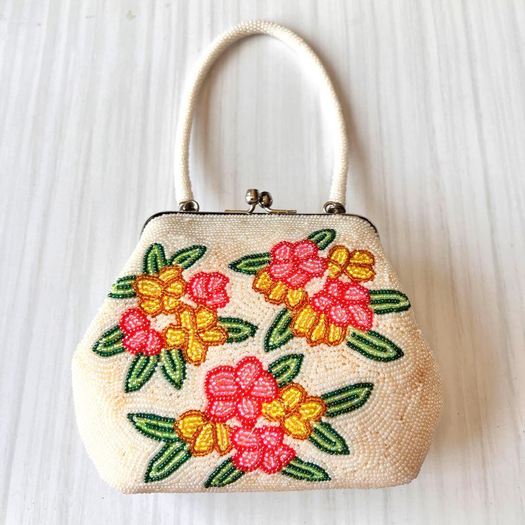 ビーズバッグ 総ビーズ 昭和レトロ ホワイト 花柄 ハンドバッグ - メルカリ