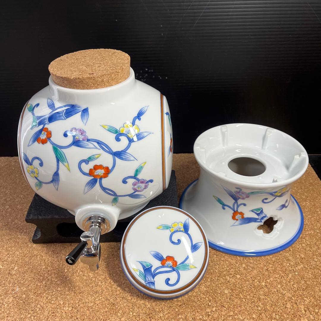 未使用】有田焼.華山萬右衛門窯 染錦枝花酒器/陶器製花枝保冷サーバー