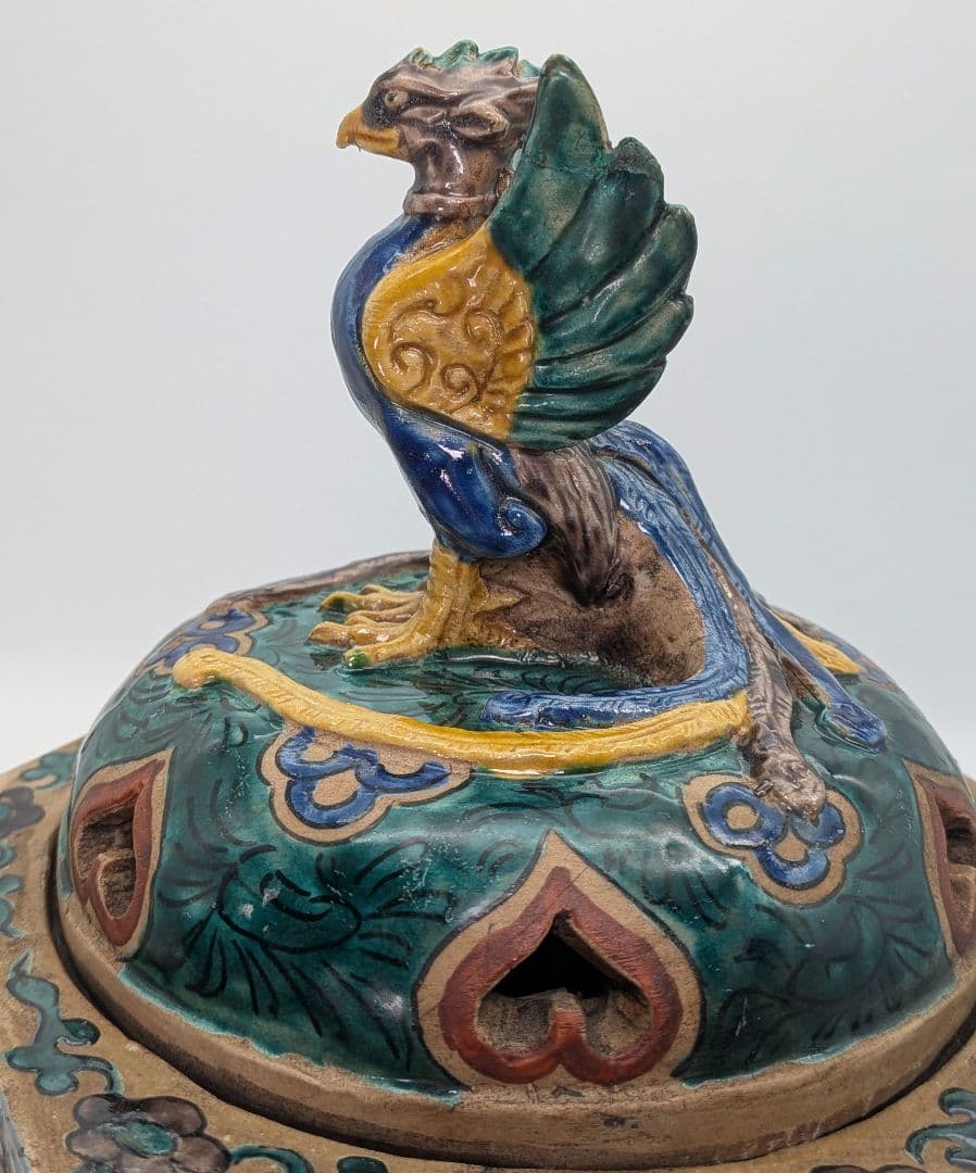 江戸期 古九谷 青手鳳凰摘三足香炉 合箱 角福 九谷焼 色絵窓絵 山水図