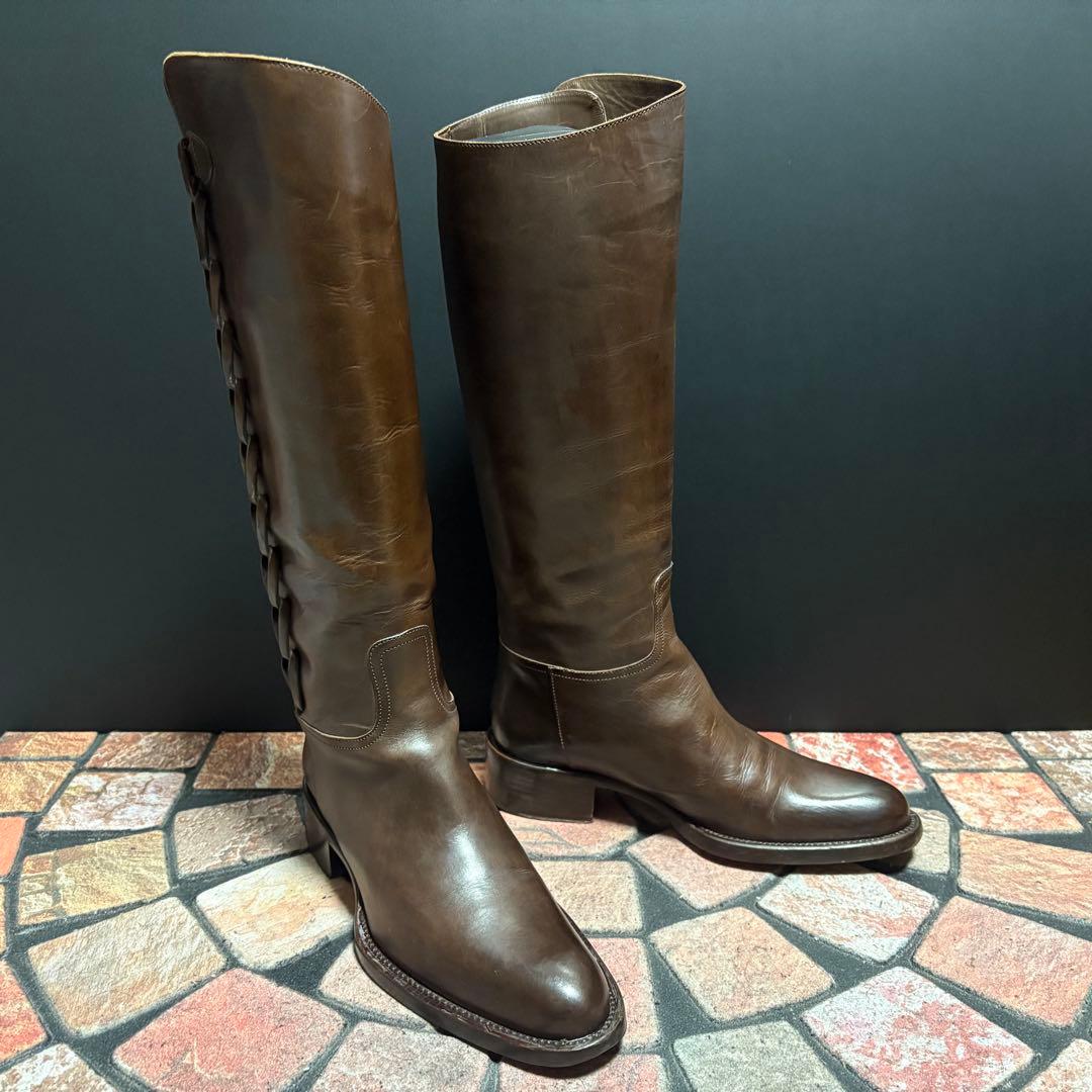 サルトル　ジョッキーブーツ　ロングブーツ 編み飾り　ベルト　本革　22.5cm