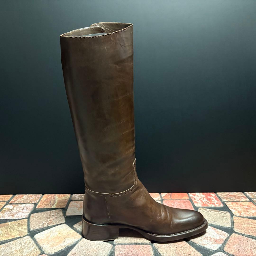 サルトル　ジョッキーブーツ　ロングブーツ 編み飾り　ベルト　本革　22.5cm