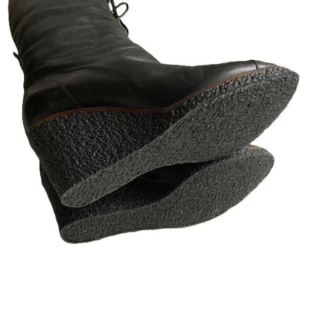 CHANEL 39(24.5cm) 黒レザー ロングブーツ CC ウェッジソール