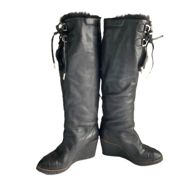 CHANEL 39(24.5cm) 黒レザー ロングブーツ CC ウェッジソール