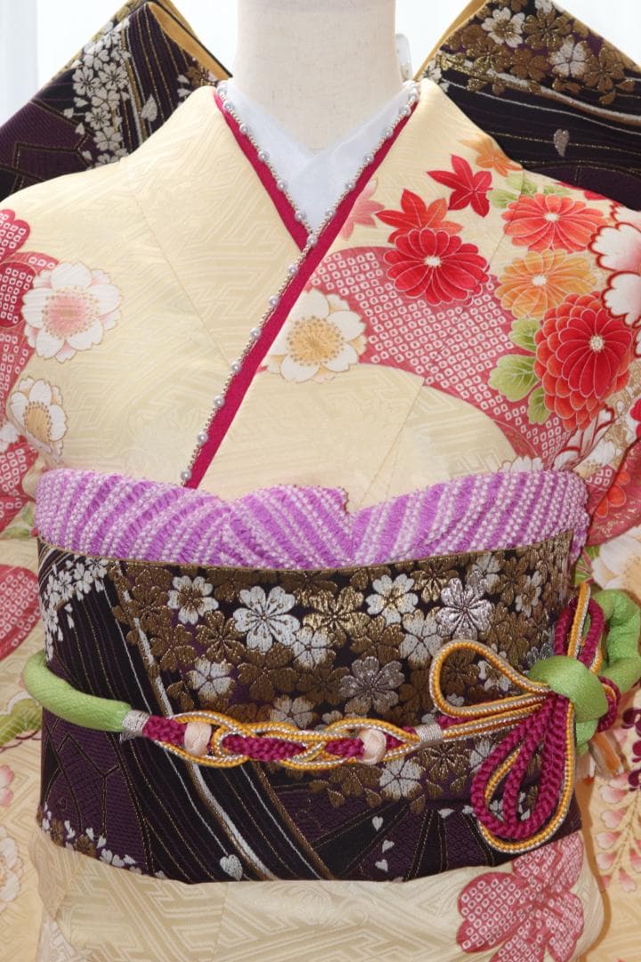 トール振袖 濃紫×藤色 花吹雪 流れ模様 身丈168 裄63 袖丈107