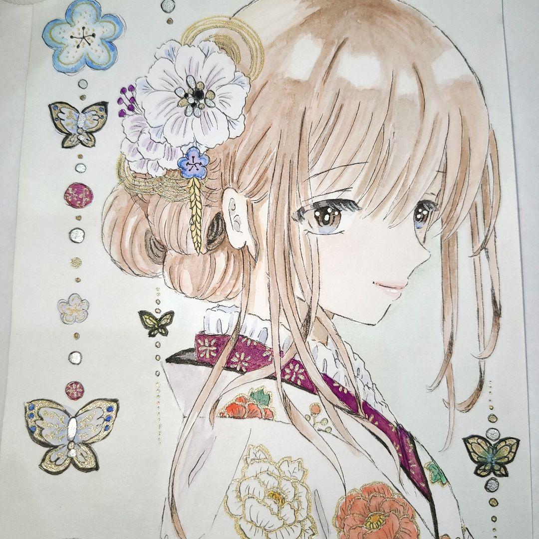 手描きイラスト アナログ 着物姿の女の子 水彩画 - メルカリ