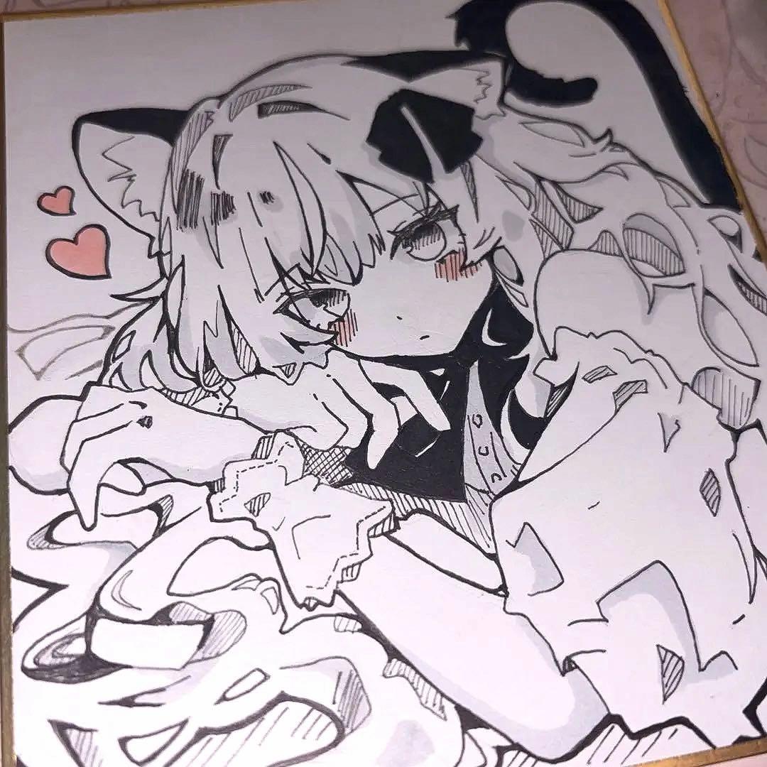 手描き イラスト オリジナル アナログ 色紙 猫 ロング 女の子 - メルカリ