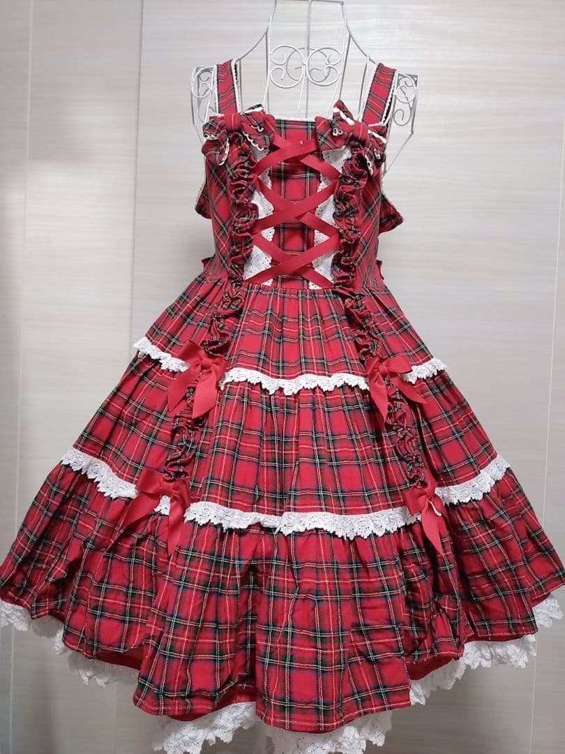 Angelic Pretty タータンチェック肩リボンジャンパースカート 赤