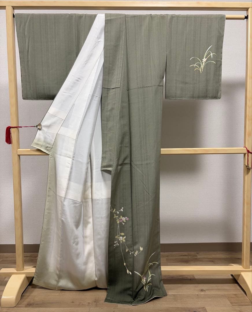 D 美品 十日町友禅 女流作家 遠田藤舟 花模様 緑 紬 正絹 袷