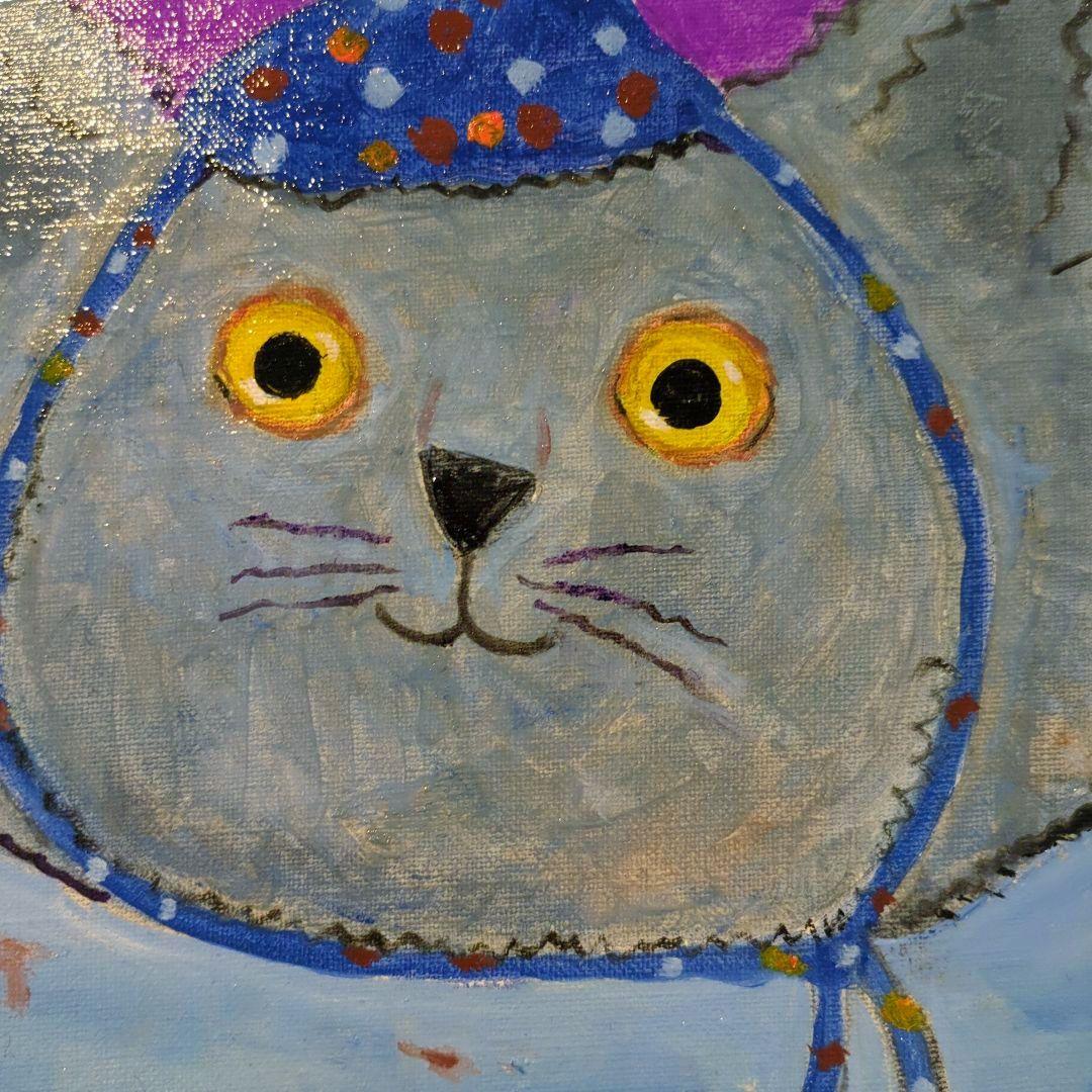 キャンバス油絵 専用 帽子と温かい服を着せてもらったにゃんこ