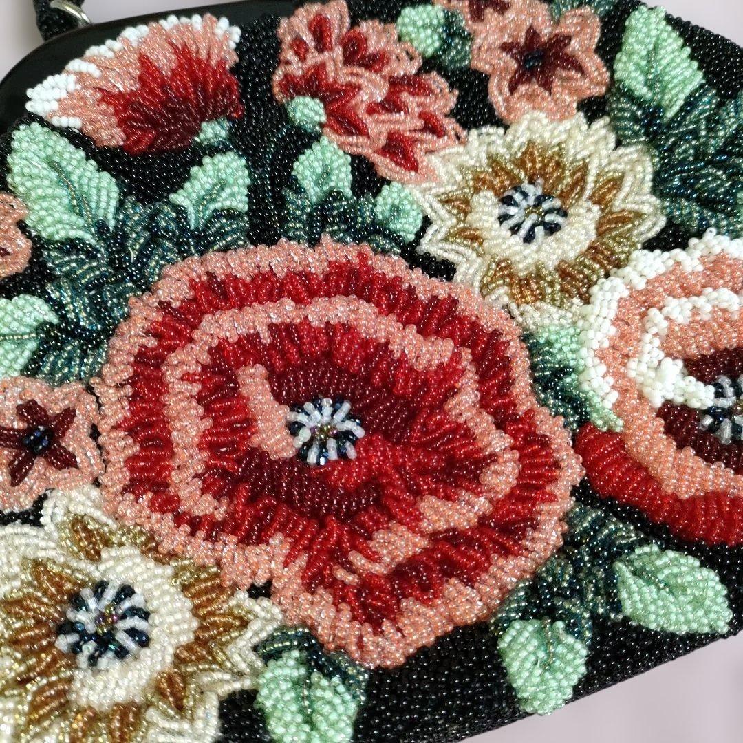 美品 ビーズバック 花柄 総ビーズ ハンドバッグ 和装 パーティ 昭和