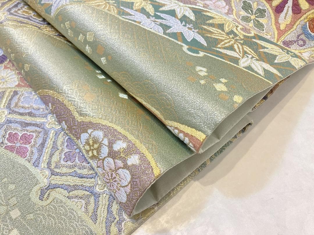 西陣織 唐織り 雪輪取り 銀通し 袋帯 正絹 白 ピンク 黄緑 パステル