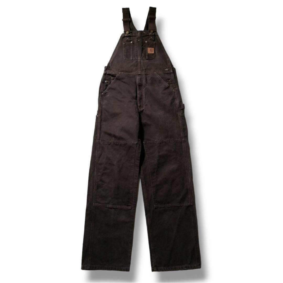 カーハートダブルニーダック地オーバーオールダークブラウン茶色W34古着 3475 90年代 Carhartt カーハート ダック地 ダブルニー オーバーオール