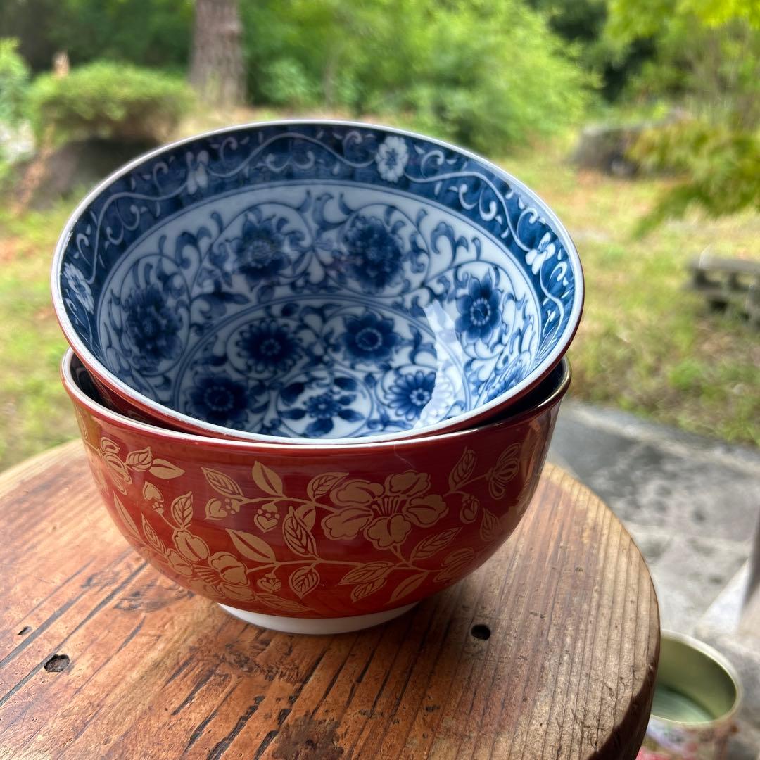 廃番希少 大吉窯 金彩 朱巻 内染付 丼鉢 ペア 丼 麺鉢 大碗 盛鉢 2点