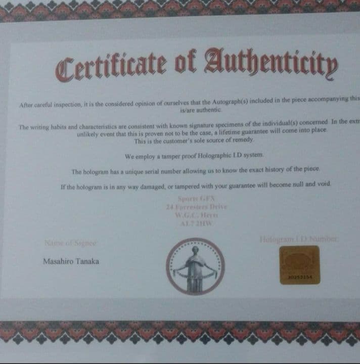 ニューヨーク・ヤンキース 田中将大投手直筆サイン入りフォト証明書