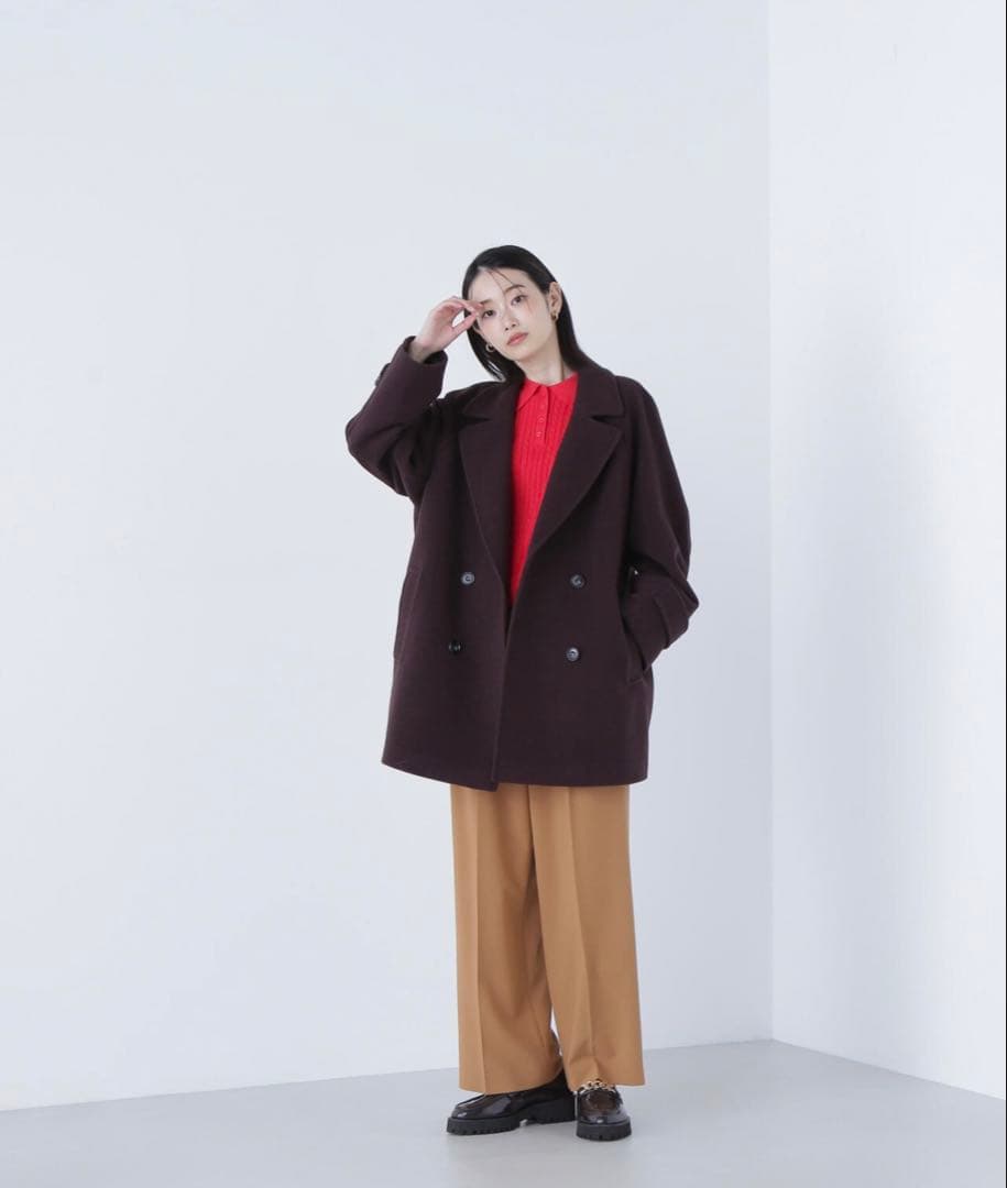 新品】ダブルブレスト フォルムミドルコート Msize ブラウン