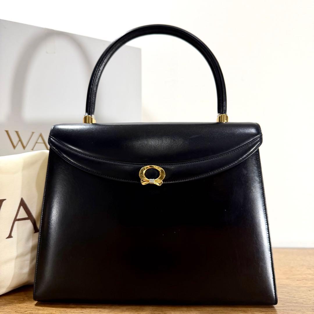 美品 箱付 定12万 銀座 和光 WAKO 極上 カーフレザー ハンドバッグ 黒