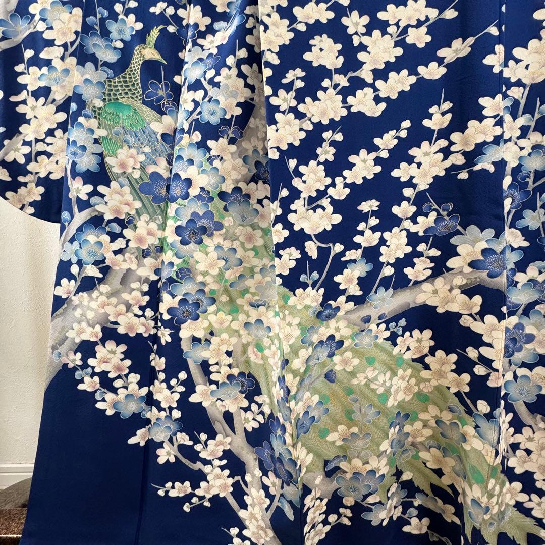 美品 振袖 現代 振袖 成人式 着物 163裄66 青 黄緑 水色 梅柄 孔雀柄