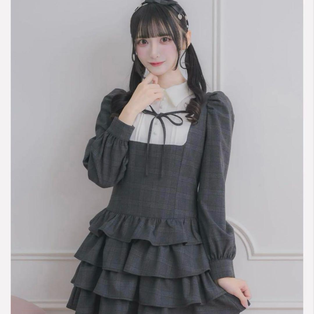 pium ヨーク切り替えティアードミニワンピース ブラックチェック pium