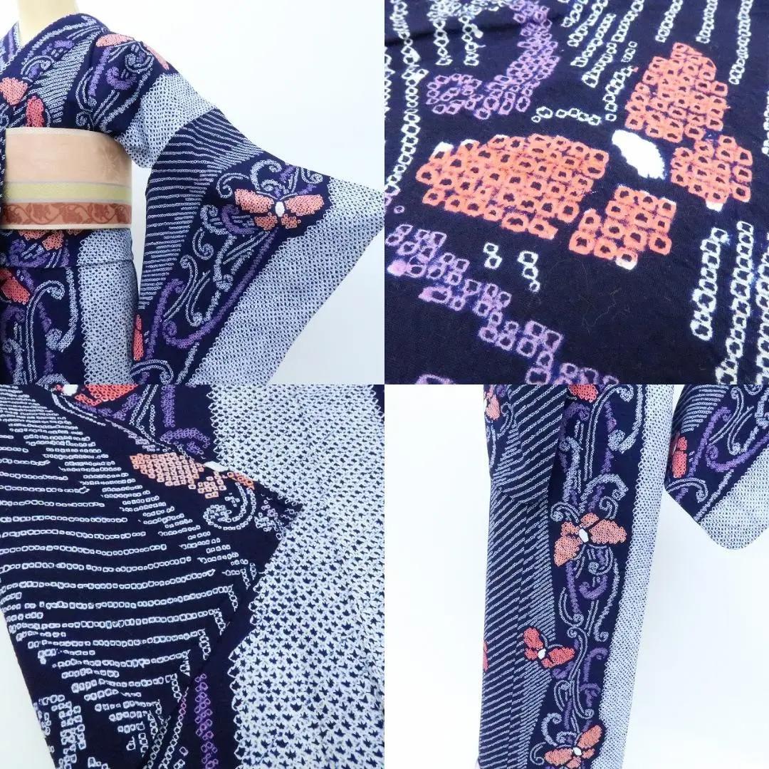 専用Y3231◆美品 綿 有松鳴海絞り 背・胸当付 手縫い仕立て 蝶 高級浴衣