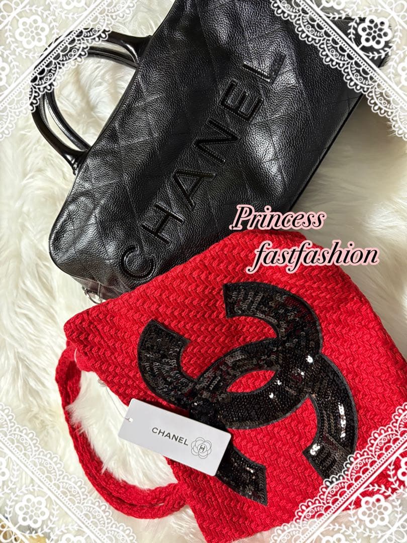 ら*ん様 シャネル CHANEL ニット編み レッド＆ブラック スパンコール