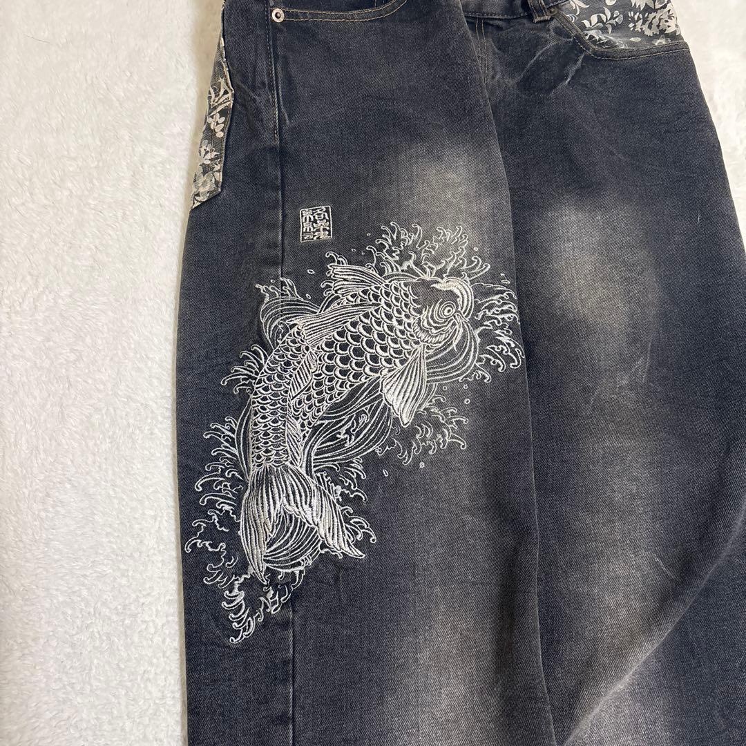 絡繰魂 Karakuri ブラックデニム W32 鯉刺繍 シルバー 5連ポケット www