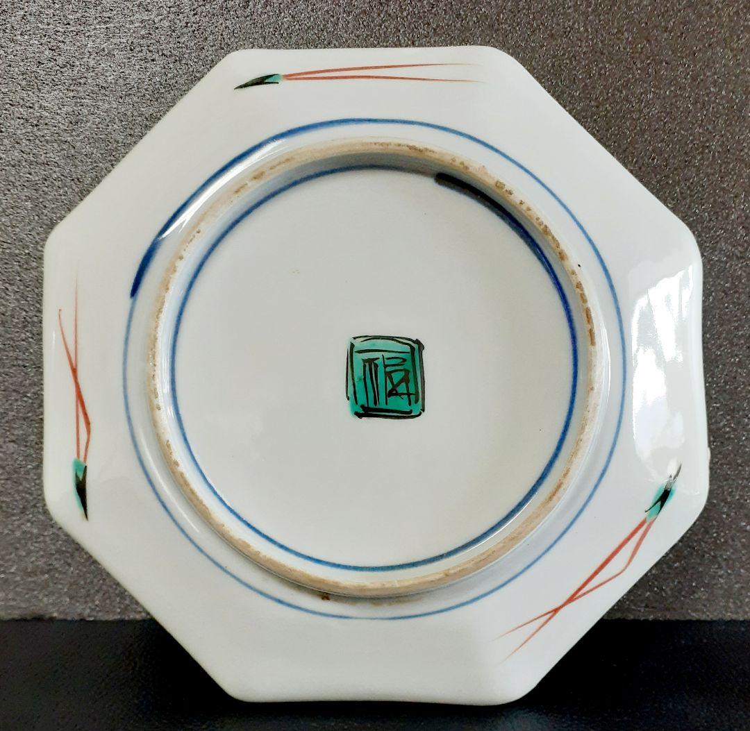 明治時代～大正時代 九谷焼 青手九谷 花鳥図 八角形皿 【二重角福】銘