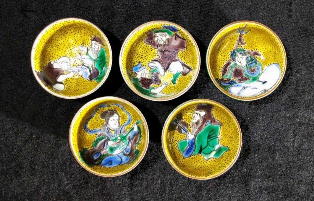 ☆堀江青光☆「倣九谷吉田屋酒盃」☆ 酒盃 5種5客組 ☆共箱 共布